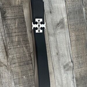 Black Leather Belt with Silver Logo Buckle